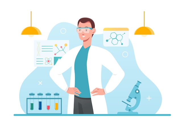 Experimento de pesquisa biologia engenharia molecular homem de casaco branco pesquisador químico com