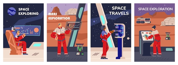 Exploração espacial com equipamentos futuristas em ilustração vetorial plana