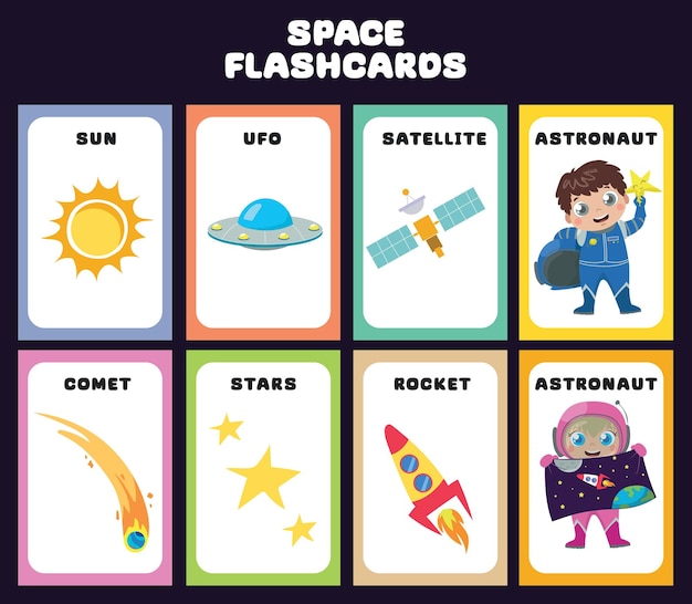 Exploração espacial e flashcards do sistema solar para crianças aprendendo sobre os planetas do sistema solar