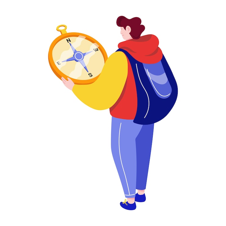 Vetor explorador com bússola e mochila navegando ao ar livre