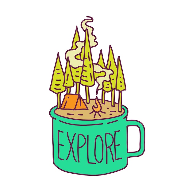 Explorando a natureza com uma xícara de café monoline illustration