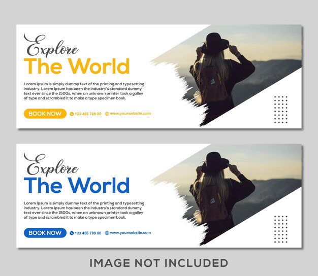 Vetor explore a mídia social da agência de viagens mundial e o modelo de banner de capa do facebook.