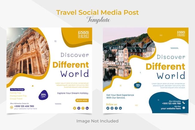 Explore a postagem de mídia social de turnê e viagem e o conjunto de design de modelo de banner de postagem de facebook e instagram