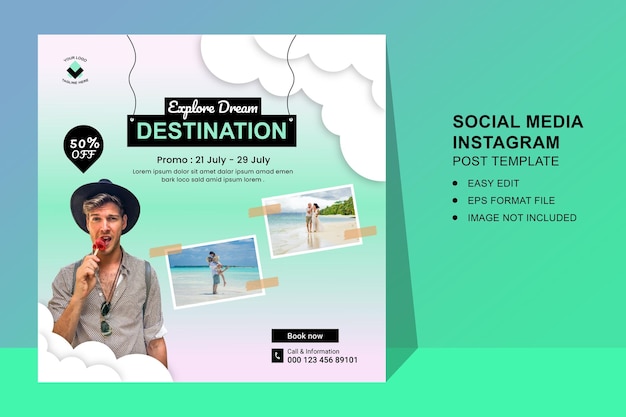 Explore o cartaz do instagram de mídia social do destino dos sonhos ou o modelo de banner