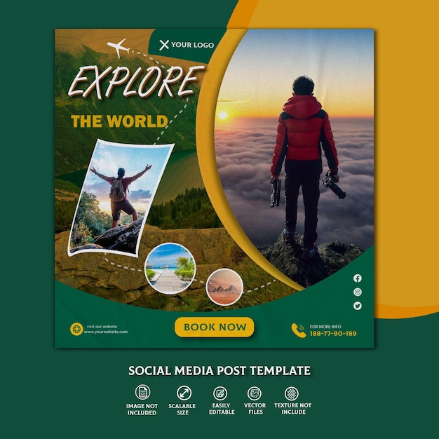 Vetor explore o modelo de postagem de mídia social de viagens mundiais