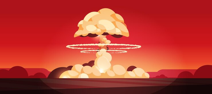Vetor explosão nuclear crescente bola de fogo da nuvem de cogumelo atômica no deserto apocalipce detonação perigosa destruição parar o conceito de guerra ilustração vetorial horizontal