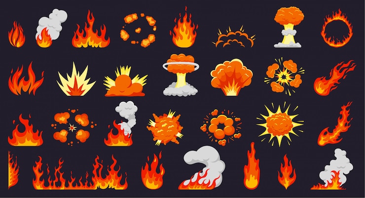 Vetor explosões de fogo dos desenhos animados. chamas de fogo, fogueira quente, nuvens de bombas explosivas, chamas explodem. conjunto de ilustração de silhuetas de chama. poder de fogo, explosão de fumaça, coleta de dinamite