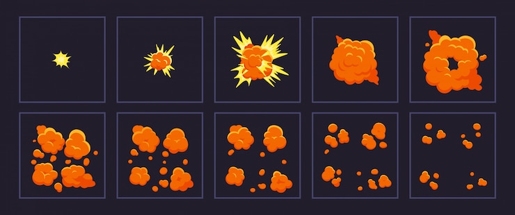 Vetor explosões de movimento dos desenhos animados. tiro de explosão animado, explodir quadros de fogo. conjunto de ilustração de quadros de efeito de explosão. animação de explosão dos desenhos animados, movimento boom, explorar o efeito