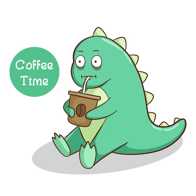 Vetor expressão de dinossauro engraçado beber um café