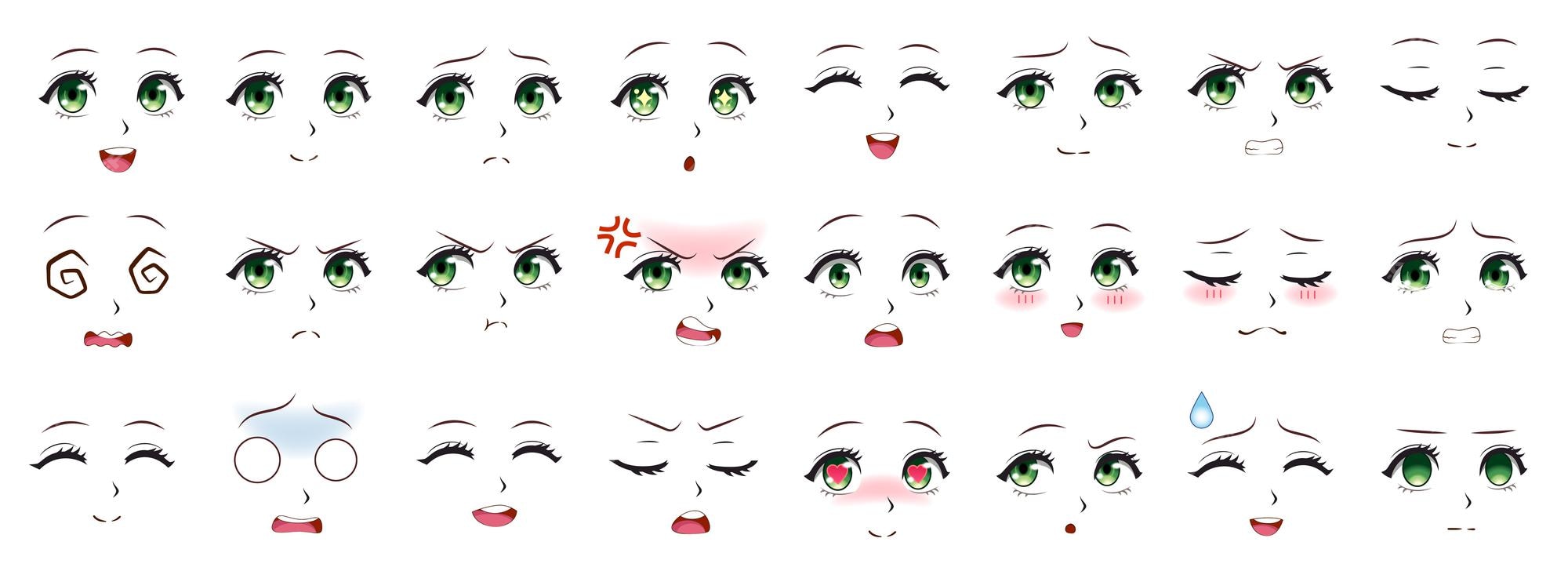 Expressão de mangá. expressões faciais de garota anime. olhos, boca e  nariz, sobrancelhas em estilo japonês. conjunto de vetores de desenhos  animados de emoções de mulher mangá. ilustração personagem manga facial  girl