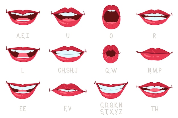 Várias opções de boca aberta com lábios, língua e dentes. bocas de desenho  animado com diferentes expressões. sorria com os dentes, a língua de fora,  surpreso. desenho animado