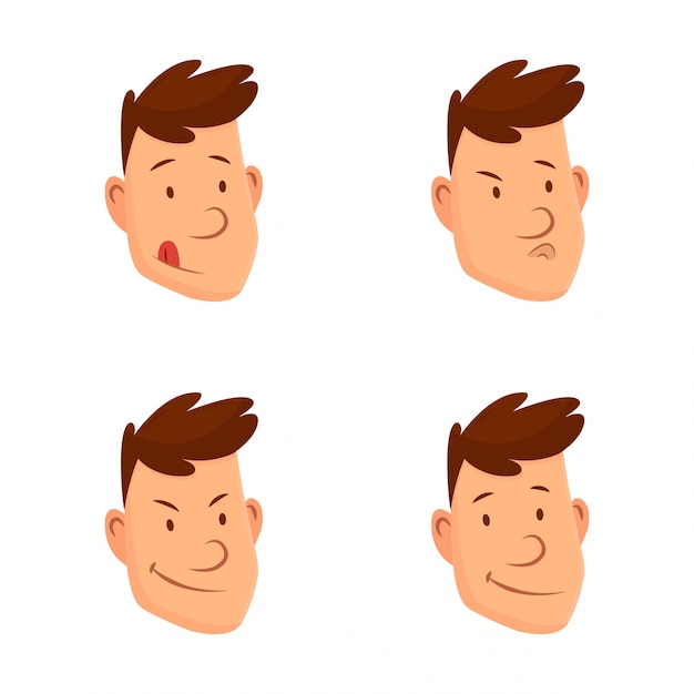 Expressões de rosto de homem. conjunto de diferentes emoções faciais masculinas. personagem de desenho atraente. feliz, triste, surpreso, apaixonado, riso e outras emoções