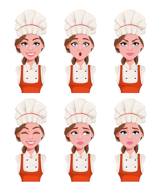 Expressões do rosto da mulher bonita jovem chef