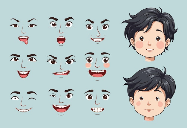 Expressões faciais de desenho animado Sorrindo com raiva triste e emoções bonitas desenho