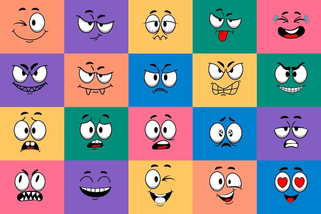 Expressões faciais de desenhos animados Rostos felizes e surpresos Personagens de rabiscos Boca e olhos