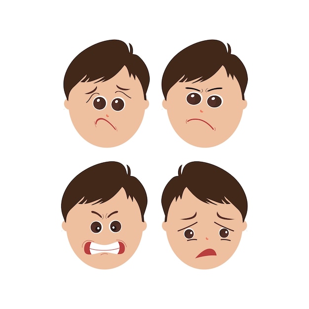 Expressões faciais de menino bonitinho vetor de criança enfrenta ilustração com emoções diferentes
