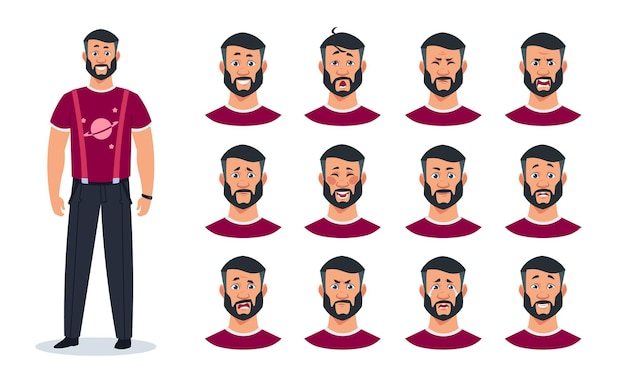 Expressões faciais. personagem de homem dos desenhos animados com um conjunto de diferentes emoções cara de raiva, dor, triste, feliz, surpreso. construtor de expressão vetorial