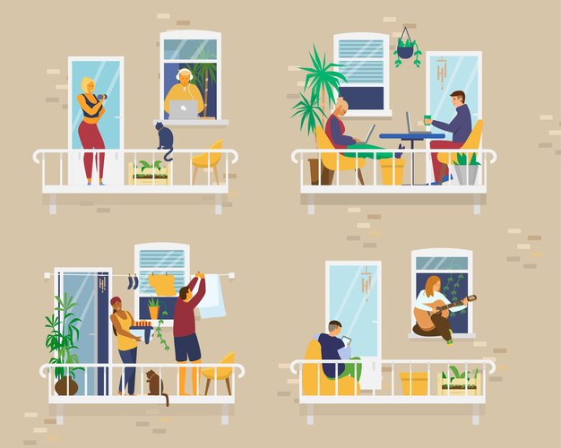 Exterior de casa com pessoas em varandas aconchegantes durante a quarentena e fazendo atividades diferentes: estudar, tocar violão, trabalhar, fazer ioga, lavar roupa, ler. Vizinhos. Plano