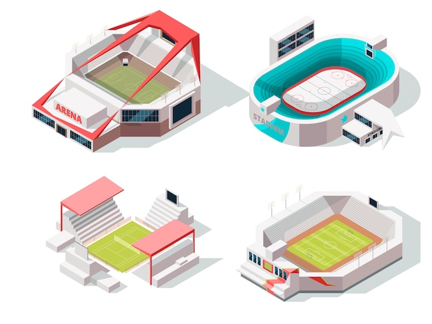 Exterior do hóquei dos edifícios do estádio, futebol e tênis. Imagens isométricas