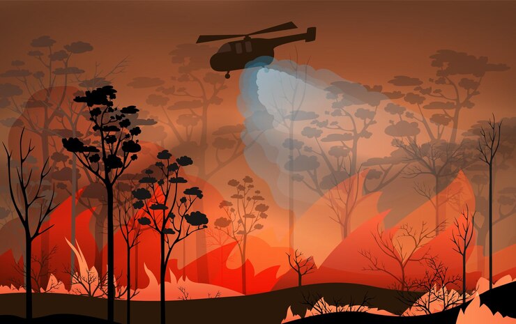 Vetor extinguindo um incêndio florestal com a ajuda de tecnologia moderna helicóptero de incêndio vectorxd