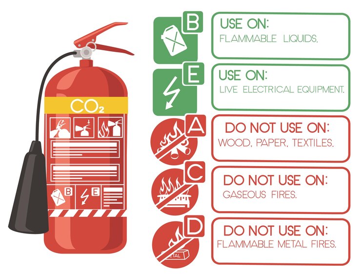 Vetor extintor de co2 com rótulos seguros dicas simples como usar ícones ilustração vetorial plana em fundo branco