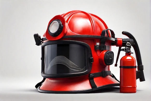 Vetor extintor de incêndio com capacete de bombeiro em close-up renderização 3d isolada em fundo branco