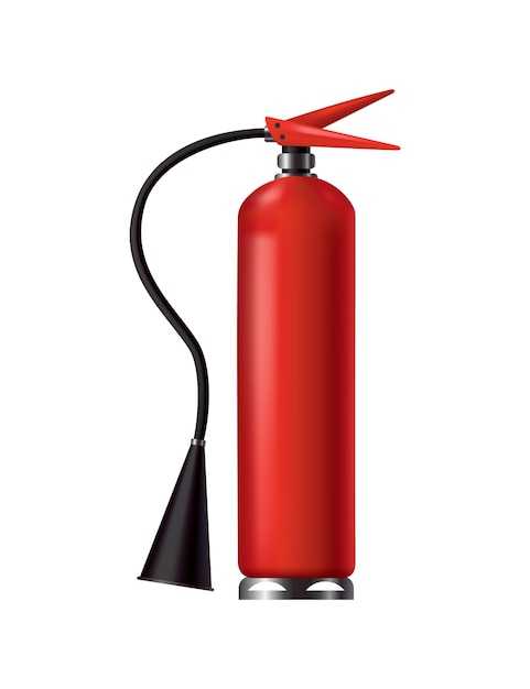 Vetor extintor de incêndio vermelho. unidade de combate a incêndio portátil isolada com mangueira. ferramenta de bombeiro para atenção no combate às chamas. equipamento portátil de extinção de incêndio