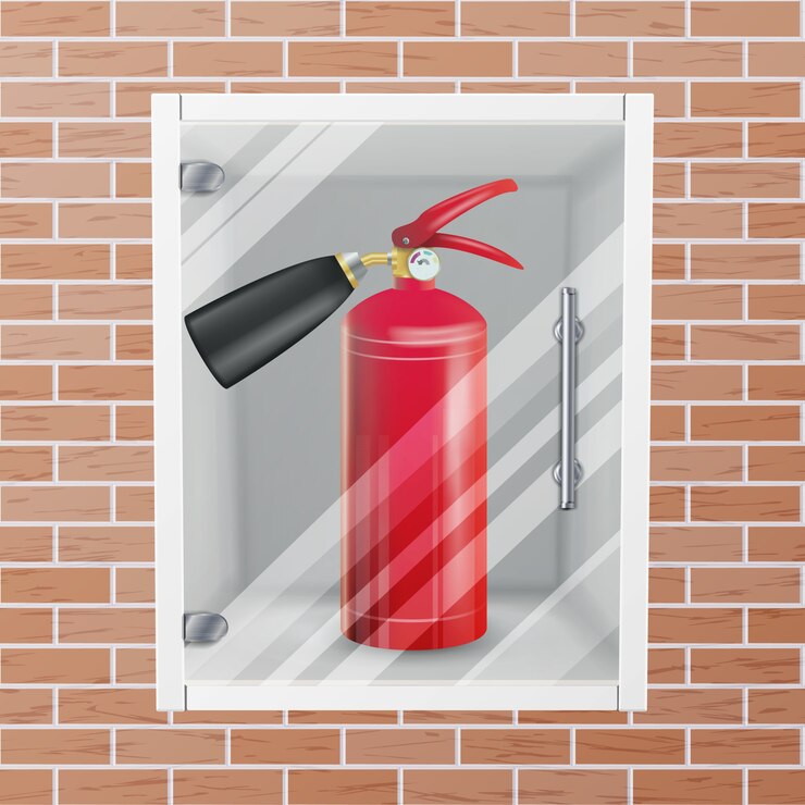 Vetor extintor vermelho no vetor da ameia da parede. ilustração de realista de extintor vermelho metal glossiness