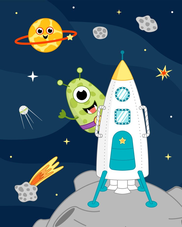 Vetor extraterrestre verde engraçado em foguete espacial na lua ilustração espacial infantil vector de desenho animado