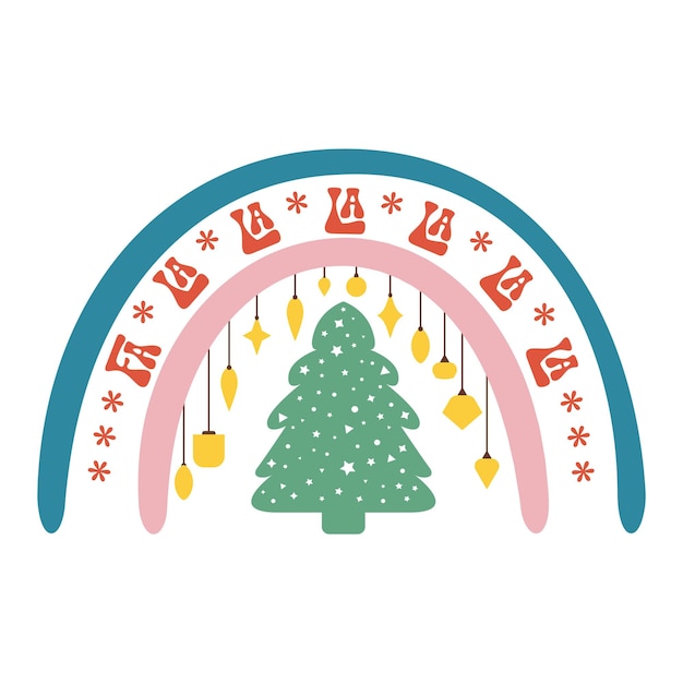 Fa La La Rainbow Christmas Design com Vibes de Natal, Árvore de Natal e Estrelas. vetor de natal retrô
