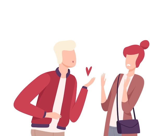 Fã obsessivo oferecendo seu coração a uma mulher que rejeita seus sentimentos Personagens masculinos e femininos experimentando sentimentos não correspondidos Amor unilateral ou rejeitado Ilustração vetorial plana