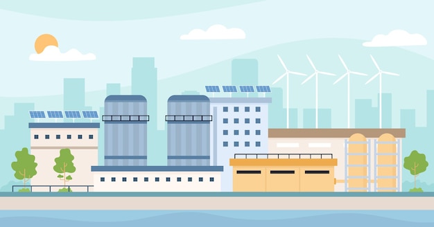 Fábrica amiga do ambiente. Paisagem com planta, painéis solares, moinhos de vento e árvores. Indústria de energia limpa e conceito de vetor de ecologia de meio ambiente. Economize tecnologia com energia alternativa