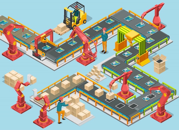 Fábrica automática com linha transportadora e braços robóticos. processo de montagem. ilustração