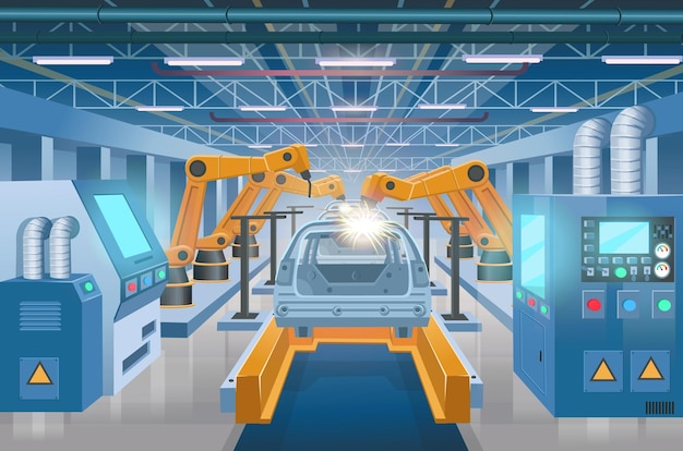 Vetor fábrica de automóveis de automação com máquinas-ferramentas e um transportador interior industrial fábrica inteligente