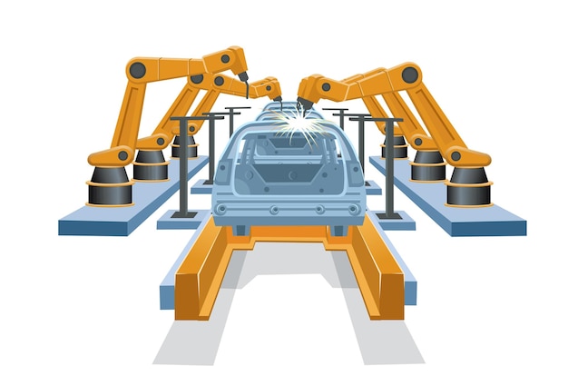 Vetor fábrica de automóveis fábrica de automóveis de automação com máquinas-ferramentas e um transportador interior industrial