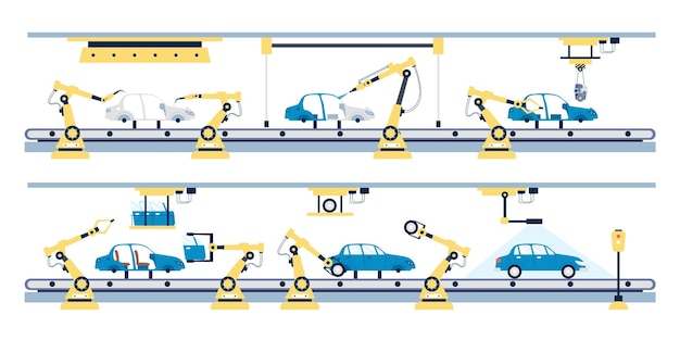 Vetor fábrica de automóveis transportador de automação de fabricação de automóveis com tecnologia de robótica montagem de automóveis e transporte cena vetorial recente de produção de negócios planos inteligentes