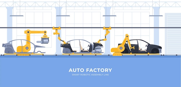 Fábrica de automóveis Transportador inteligente robótico para a produção de carros Ilustração vetorial