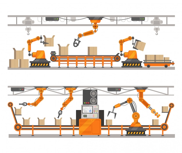 Fábrica de braço robótico, tecnologia de robô de montagem de produção na correia transportadora. conceito de robótica.