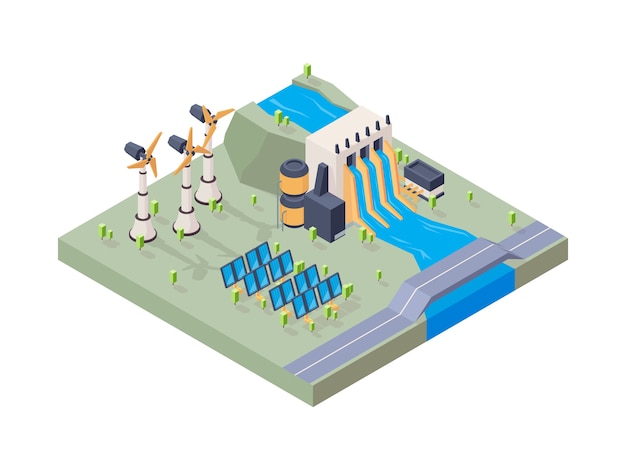 Fábrica de energia hidrelétrica. Conceito isométrico do vetor de energia geotérmica da indústria solar de água da planta solar. Ilustração eco isométrica de energia solar