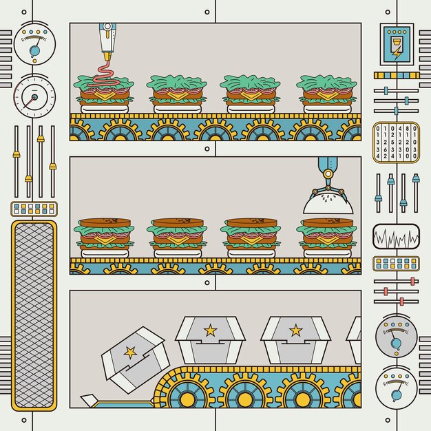 Fábrica de hambúrguer com esteira e garra em estilo de linha plana