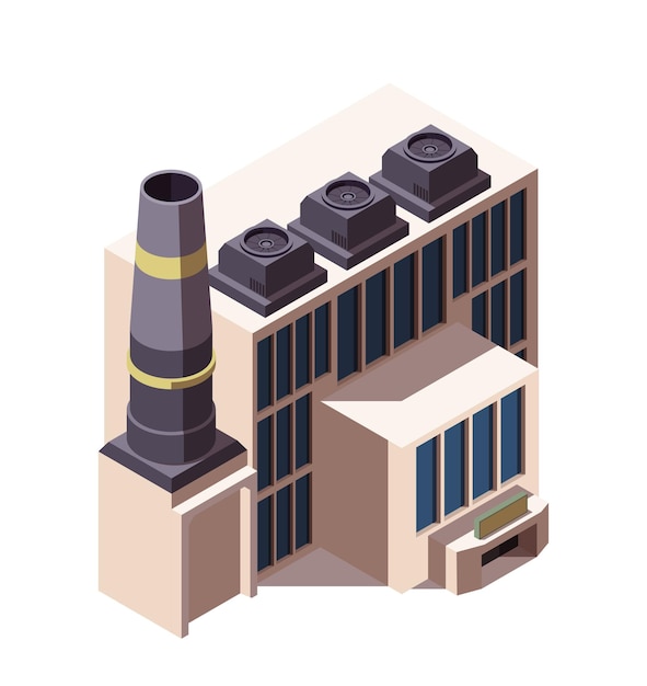 Fábrica de ícones isométricos Fábrica com torre de chaminé Edifício de produção ou estação química Indústria