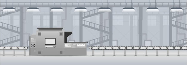 Vetor fábrica interior com ilustração vetorial de design plano de máquina e correia transportadora