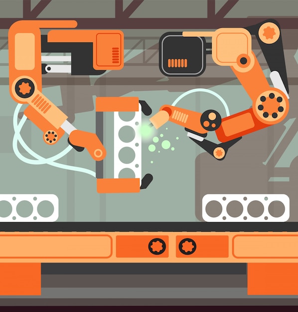 Fabricação de linha de produção de transporte de montagem com braço robótico. Conceito de vetor de indústria pesada