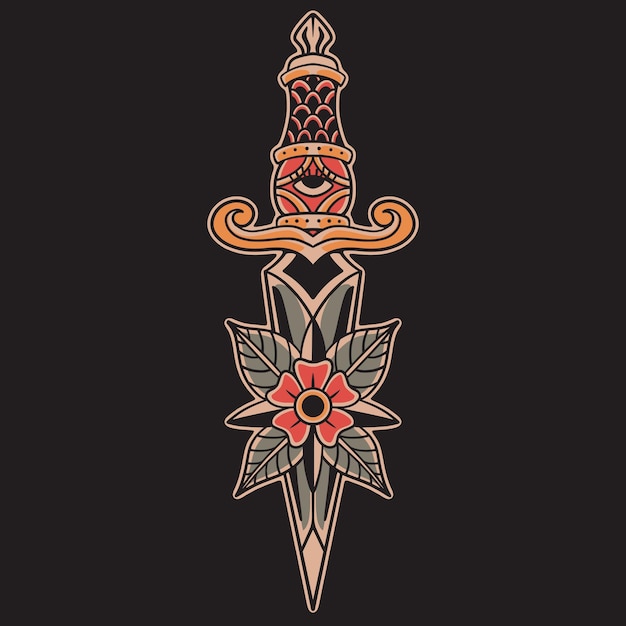 faca de tatuagem tradicional da velha escola com ilustração vetorial de olho de flor