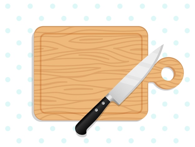 Vetor faca do chef na tábua. ilustração de tábuas de corte de madeira, local de cozinha picado para pão, legumes ou frutas, vista superior preparação de refeição