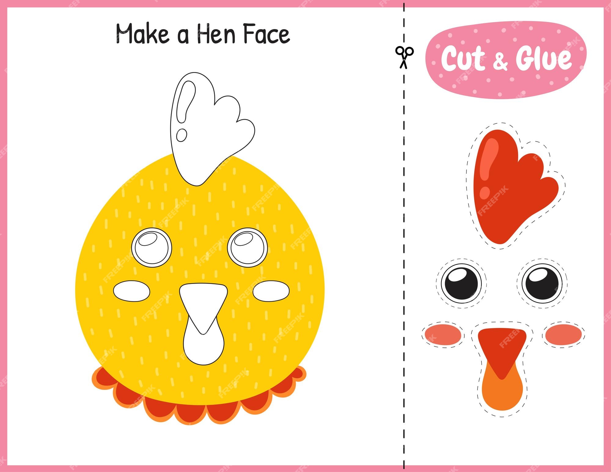 Faça um jogo engraçado de cara de galinha para crianças. cortar e