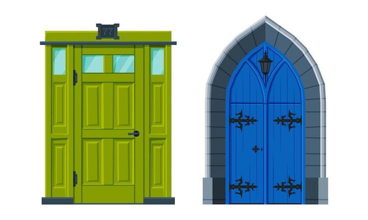Vetor facada de porta em estilo vintage como conjunto de vetores de entrada de edifício com dobradiças verticais