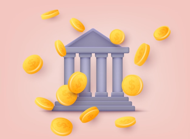 Facada do edifício do banco com moedas Conceito de serviços bancários móveis e pagamentos on-line Ilustrações vetoriais 3D