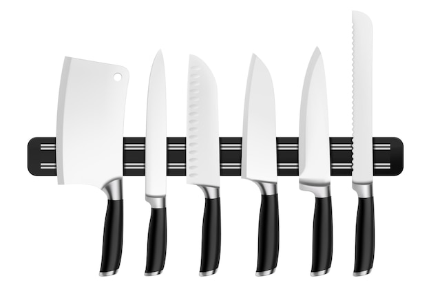 Facas de cozinha penduradas em suporte magnético equipamento de açougueiro e ferramenta de cozinha isolados enquanto fundo coleção de facas de chef profissional ilustração vetorial 3D realista