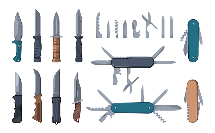 Vetor facas e multitools alicates do exército com agarre de borracha kit de sobrevivência ferramenta de trabalhador de desenho animado